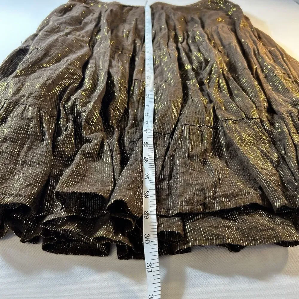 ZeroZero Y2K Hippie Boho Brown Cotton & Gold Metallic Thread Midi Skirt Size M